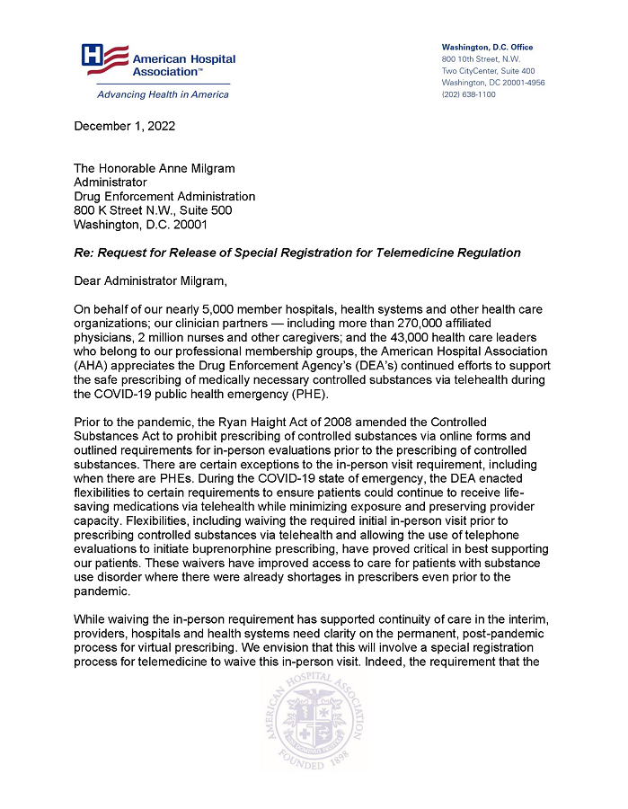 AHA Letter to DEA Regarding Request for Release of Special Registration